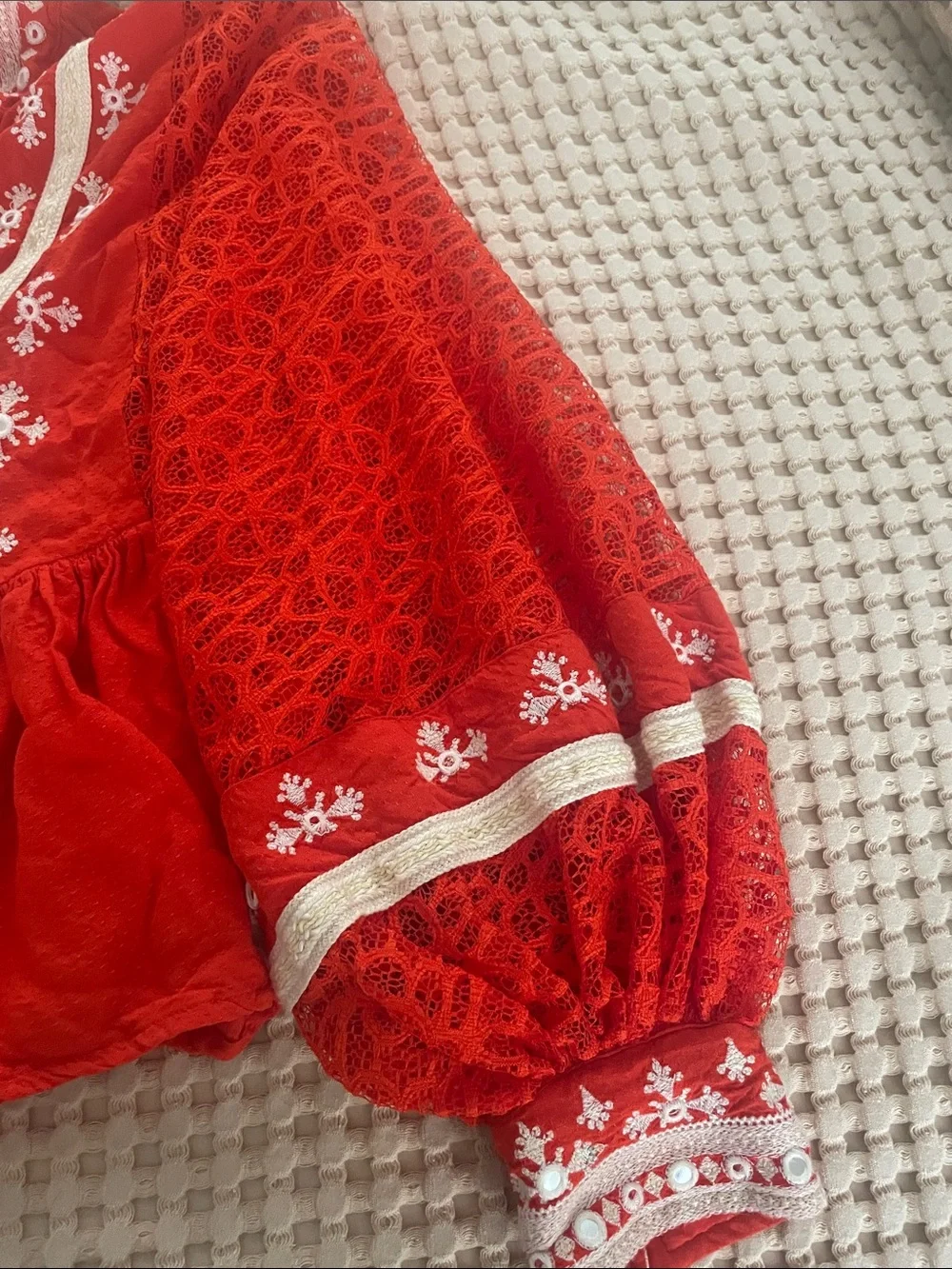 Free People Red Embroidered V-Neck Boho Blouse